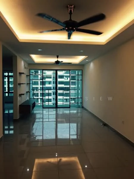 Living features: grey polished tile flooring, white painted walls, tray ceiling with recessed lighting, 2 ceiling fans, floor-to-ceiling sliding glass door, balcony access, open shelving unit, natural light from large windows; style: modern; view: city.