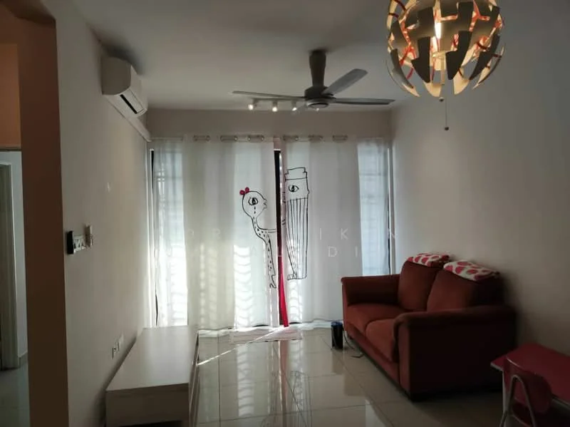 Living features: 3-seater fabric sofa in red, white coffee table, floor-to-ceiling windows with sheer curtains, 5-blade ceiling fan, recessed LED downlights, polished tile flooring, wall-mounted air conditioning unit, decorative wall art; style: modern.