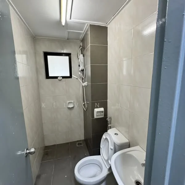 Bathroom features: white tiled walls, grey tiled flooring, shower with wall-mounted showerhead, toilet, sink, small window, ceiling light fixture, wall-mounted water heater; style: modern.