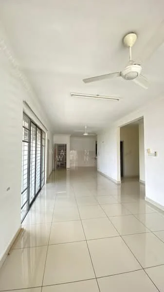 Room features: white painted walls, glossy ceramic tile flooring, 5-blade ceiling fan, recessed downlights, large sliding glass doors, natural light from windows, open layout, neutral color scheme; style: modern.