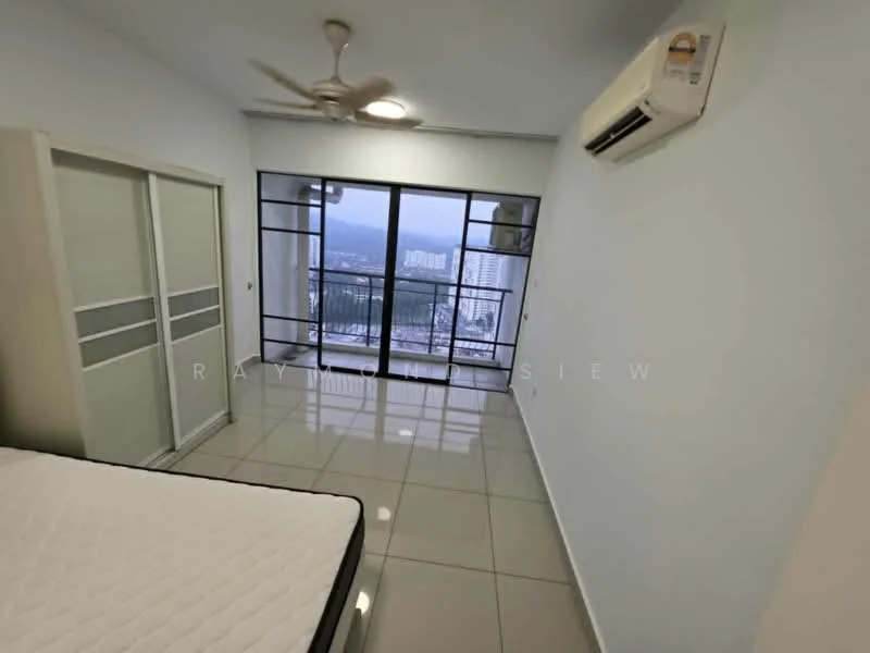 Bedroom features: white painted walls, glossy tile flooring, 5-blade ceiling fan with light, floor-to-ceiling windows, sliding glass door, mountain view, built-in wardrobe with sliding doors, air conditioning unit; style: modern; view: mountain.