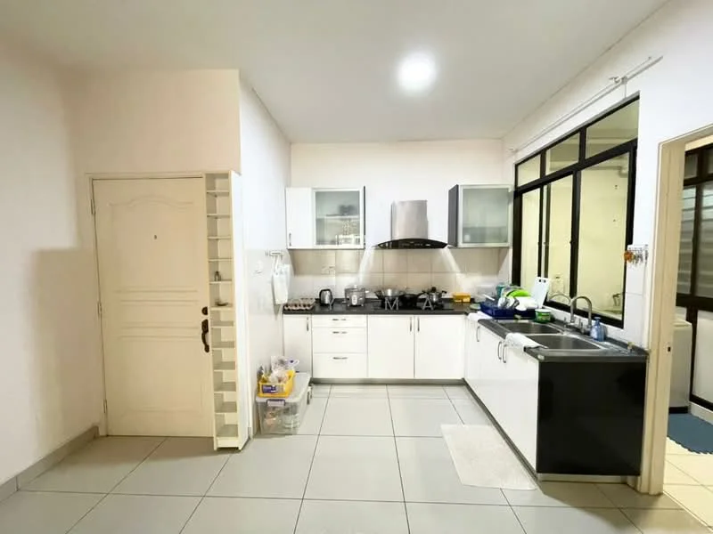 Kitchen features: white cabinetry, black countertop, stainless-steel range hood, built-in oven, freestanding range oven, single-bowl stainless-steel sink, chrome pull-down faucet, ceramic tile flooring, wall-mounted cabinets, window with black frame, door leading to hallway, open shelving, refrigerator, microwave; style: modern.