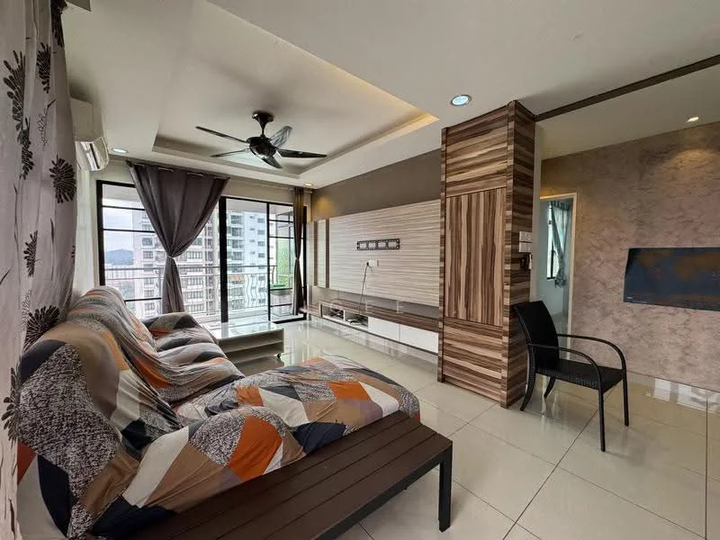 Living features: 3-seater fabric sofa with colorful geometric pattern, coffee table, TV console, wall-mounted TV, floor-to-ceiling windows, curtains, ceiling fan with light, polished tile flooring, wood panel accent wall, decorative wall with built-in lighting, air conditioning unit; style: modern; view: city.