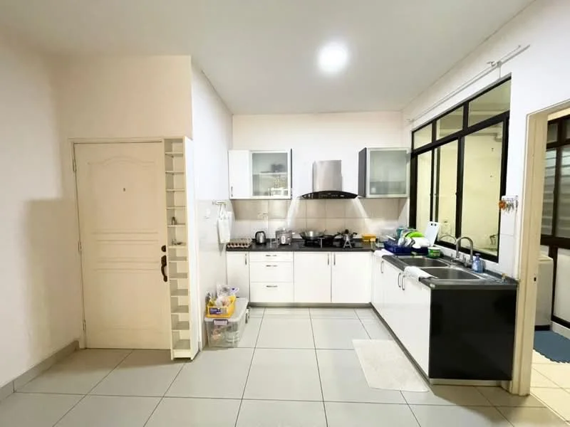 Kitchen features: white cabinetry, black countertop, stainless-steel sink, chrome pull-down faucet, built-in oven, freestanding range oven, microwave, refrigerator, tile flooring, wall-mounted cabinets, window above sink, light fixture, door leading to hallway; style: modern.