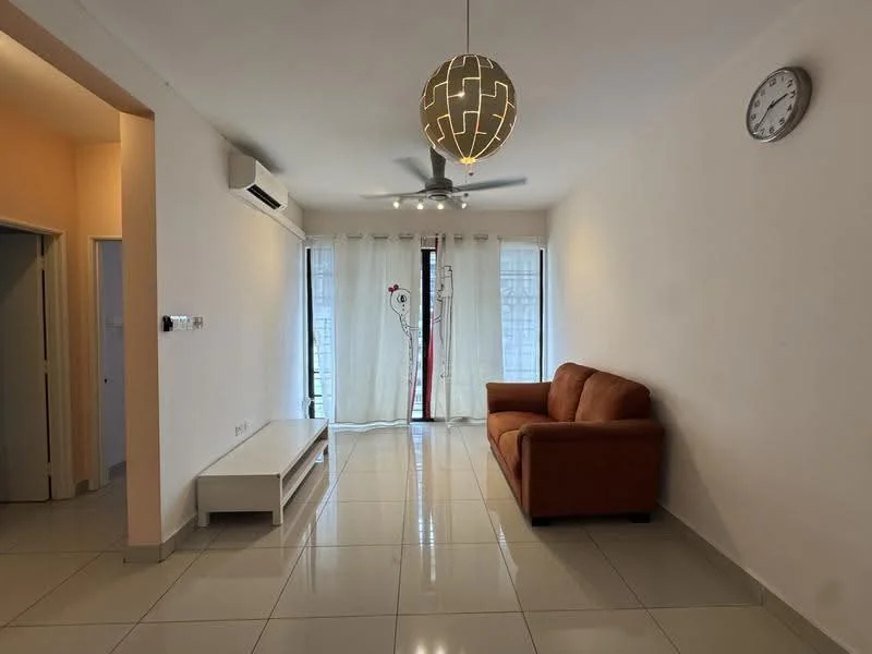 Living features: 3-seater fabric sofa in orange, white wall, glossy white tile flooring, ceiling fan with light, wall-mounted air conditioning unit, large sliding glass door, sheer curtains, TV console, wall clock; style: modern.