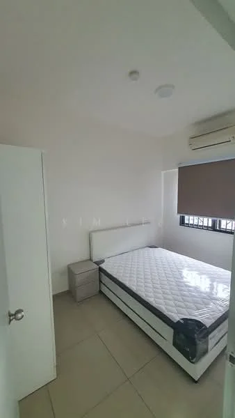 Bedroom features: queen-size bed, white bed frame, nightstand, window with blinds, wall-mounted air conditioning unit, light-colored walls, tile flooring, built-in wardrobe; style: modern.