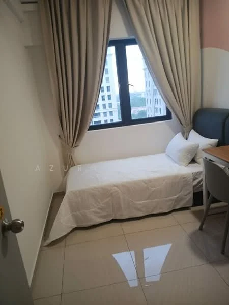 Bedroom features: single bed with white bedding, grey upholstered headboard, window with city view, floor-to-ceiling curtains, light-coloured walls, glossy tile flooring, study desk, chair; style: modern; view: city.