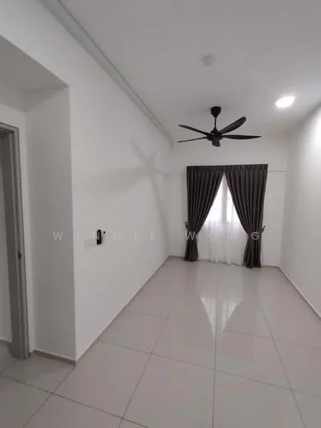 Living features: white painted walls, glossy tile flooring, 5-blade ceiling fan with light, floor-to-ceiling window, sheer curtains, dark brown curtains, recessed downlights; style: modern.