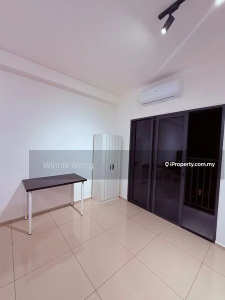 Room features: white painted walls, cream tiled flooring, 1 wall-mounted split AC, black sliding glass door, white desk, white storage cabinet, recessed ceiling lights; style: modern.