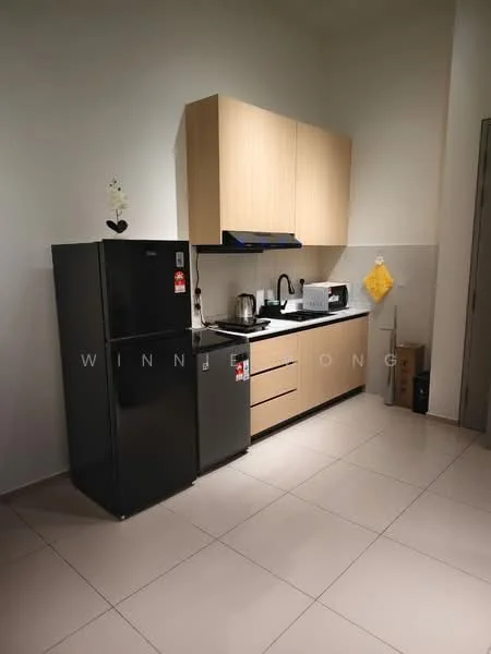 Kitchen features: black refrigerator, built-in microwave, stainless-steel sink, chrome pull-down faucet, laminate cabinetry in light wood finish, black countertop, tile backsplash, ceramic tile flooring, kettle, yellow kitchen towel, wall-mounted cabinet, under-cabinet lighting; style: modern.