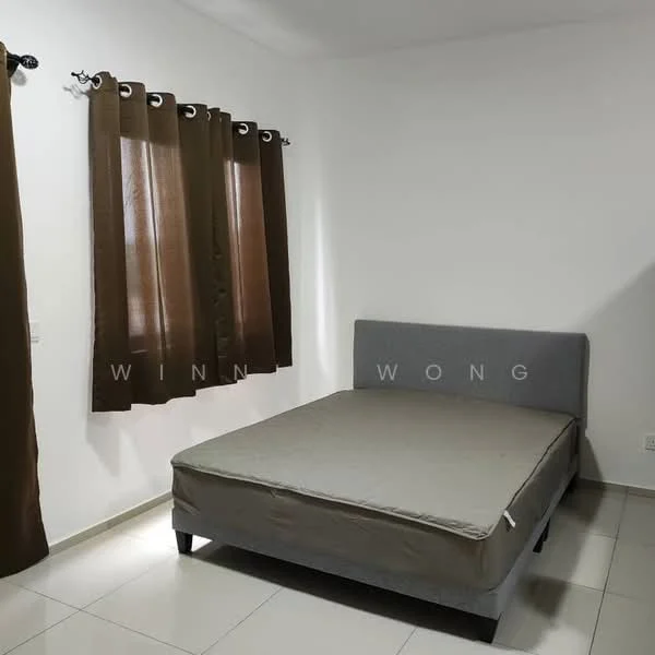 Bedroom features: grey upholstered bed frame, mattress on bed frame, white painted walls, cream tiled flooring, brown curtains, floor-to-ceiling windows, no visible closet, minimalist decor; style: minimalist.