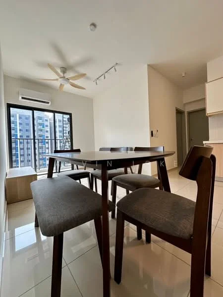 Dining features: 4-seater dining table, wooden dining chairs, 5-blade ceiling fan, wall-mounted split AC, large window with city view, tile flooring, neutral painted walls, track lighting; style: modern; view: city.