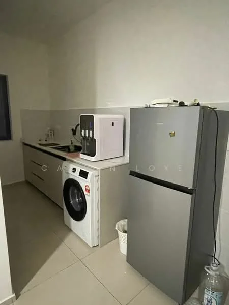 Kitchen features: white cabinetry, black countertop, single-bowl stainless-steel sink, chrome pull-down faucet, built-in washing machine, stainless-steel fridge, water dispenser, ceramic tile flooring, white walls, window with grey frame; style: modern.