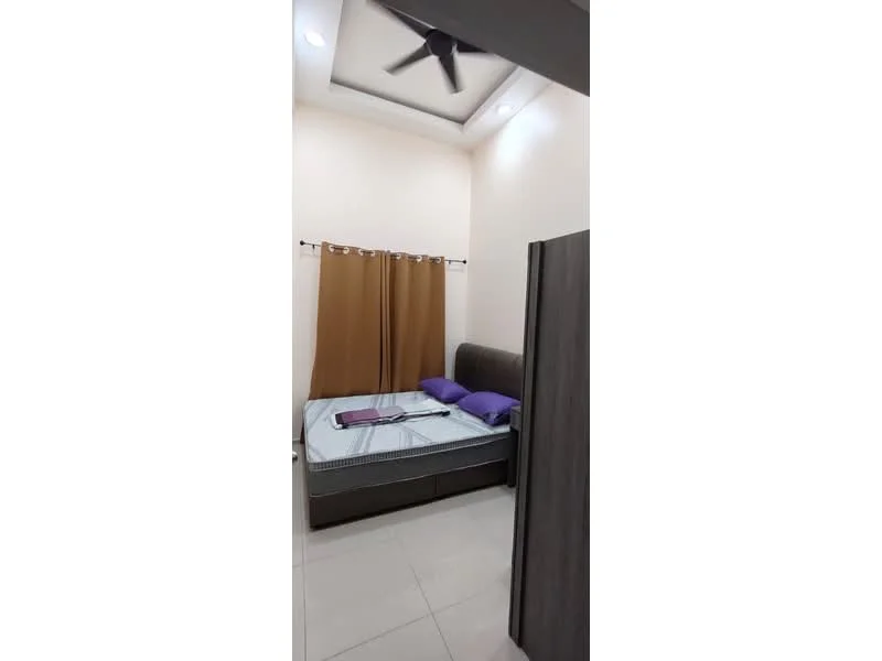 Bedroom features: queen-size bed, upholstered headboard, purple bedding, two purple pillows, wooden wardrobe, cream painted walls, dropped ceiling with recessed lighting, ceiling fan, curtains in brown, tile flooring; style: modern.