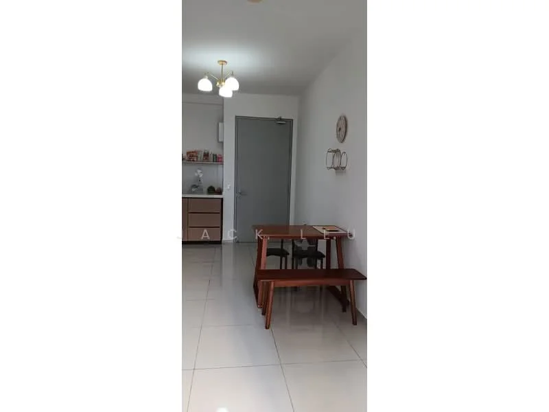 Dining features: white painted walls, glossy tile flooring, wooden dining table, two wooden benches, pendant light fixture, kitchen area visible in background, grey door, wall clock, open layout; style: modern.