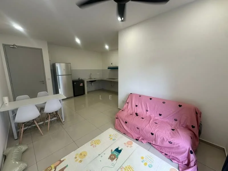 Living features: 3-seater fabric sofa in pink, dining table for 4 with white chairs, stainless-steel fridge, kitchen counter with sink, white painted walls, tile flooring, ceiling fan, recessed LED downlights; style: modern.