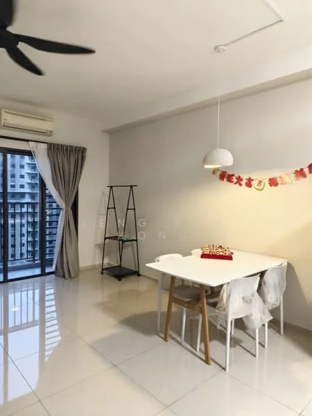 Dining features: white painted walls, glossy tile flooring, ceiling fan, pendant lamp, dining table with wooden legs, 4 dining chairs, floor-to-ceiling windows, sheer curtains, decorative garland on wall; style: modern; view: city.