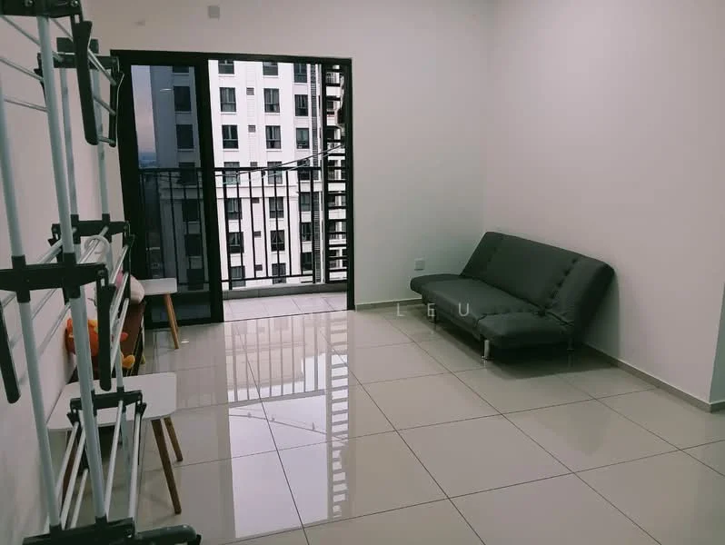 Living features: grey fabric sofa, floor-to-ceiling windows, sliding glass door, white painted walls, glossy ceramic tile flooring, black metal railing, natural light from windows, minimalist decor; style: modern; view: city.
