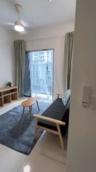 Living features: 3-seater fabric sofa in black, wooden coffee table, light grey area rug, floor-to-ceiling windows, sheer curtains, green curtains, wooden shelving unit, ceiling fan with light, white walls, polished tile flooring; style: modern; view: city.