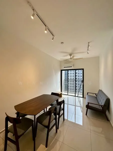 Dining features: dining table with wooden surface, 4 wooden dining chairs, grey fabric sofa, floor-to-ceiling windows, white painted walls, recessed LED downlights, glossy tile flooring, ceiling fan, air conditioning unit; style: modern; view: city.