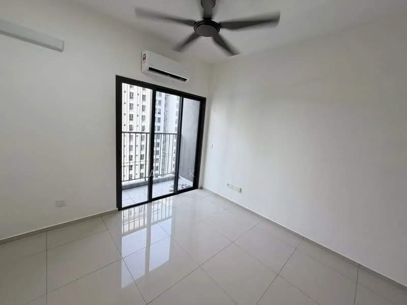 Room features: white painted walls, glossy ceramic tile flooring, 5-blade ceiling fan, wall-mounted split AC, floor-to-ceiling sliding glass door, balcony access, natural light from window, neutral color scheme; style: modern; view: city.