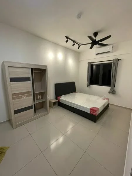 Bedroom features: queen-size bed, upholstered headboard, built-in wardrobe with sliding doors, floor-to-ceiling window, blackout curtains, 5-blade ceiling fan with light, recessed downlights, cream painted walls, glossy tile flooring, air conditioning unit; style: modern.