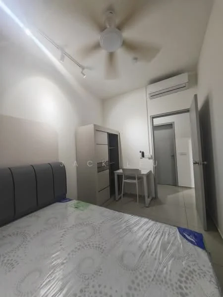 Bedroom features: queen-size bed, upholstered headboard, 2 bedside lamps, built-in wardrobe, study desk, chair, wall-mounted air conditioning unit, ceiling fan with light, white painted walls, tile flooring, window with blinds; style: modern.