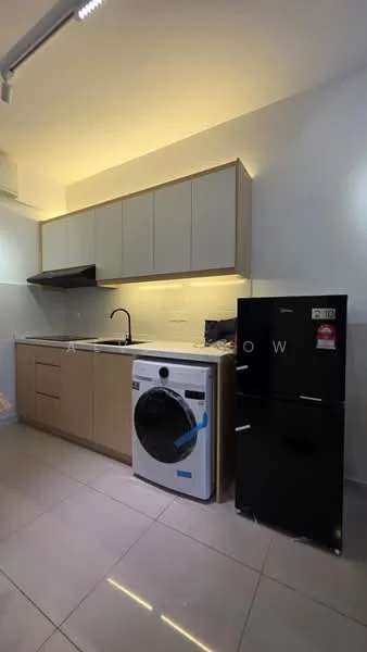 Kitchen features: light wood cabinetry, grey upper cabinets, single-bowl stainless-steel sink, black gooseneck faucet, built-in stove with hood, white ceramic tile backsplash, white countertop, front-load washing machine, black fridge, recessed lighting, grey tile flooring; style: modern.