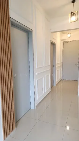 Room features: white painted walls, wall paneling, glossy tile flooring, ceiling light fixture, elevator doors, door to adjacent room, neutral color scheme, recessed lighting; style: modern.