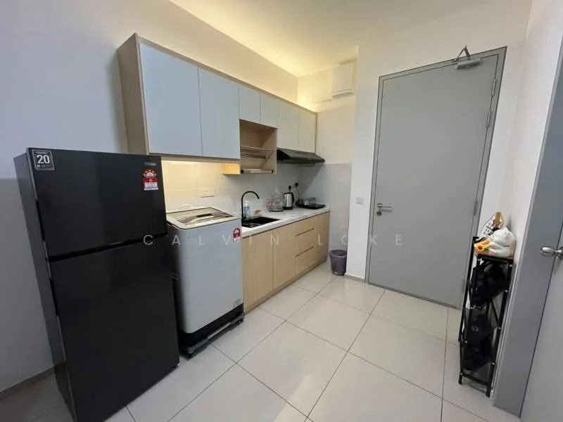 Kitchen features: black refrigerator, white washing machine, stainless-steel sink, chrome pull-down faucet, light wood cabinetry, grey countertop, ceramic tile flooring, built-in stove with hood, microwave, wall-mounted cabinets, open shelving, wall outlet, window, neutral wall color; style: modern.