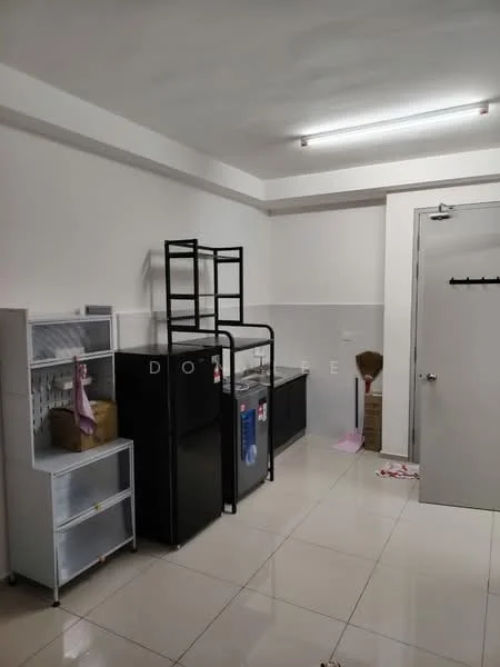 Laundry features: white walls, glossy tile flooring, black refrigerator, white refrigerator, front-load washing machine, metal shelving unit, broom, storage boxes, door with handle, overhead fluorescent lighting.