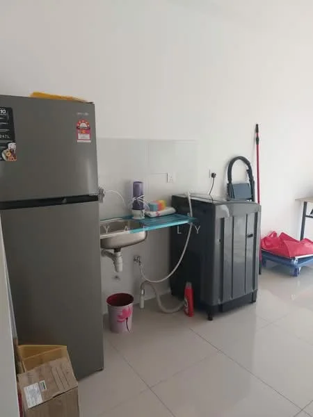 Laundry features: grey refrigerator, single-bowl stainless-steel sink, blue countertop, grey washing machine, white tiled walls, white tiled flooring, cleaning supplies, plastic storage bins.
