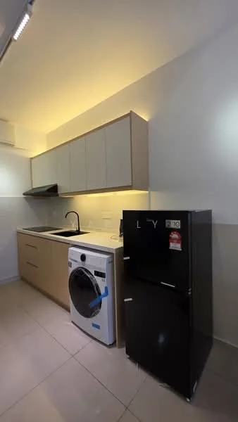 Kitchen features: white cabinetry with flat-panel doors, black countertop, single-bowl stainless-steel sink, chrome pull-down faucet, built-in oven, freestanding refrigerator in black, front-load washing machine, tile flooring, under-cabinet lighting, wall-mounted extractor hood; style: modern.