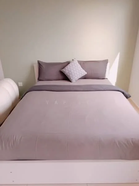 Bedroom features: queen-size bed with grey bedding, decorative pillow, light green painted walls, wooden flooring, white bed frame, nightstand, window with natural light; style: modern.