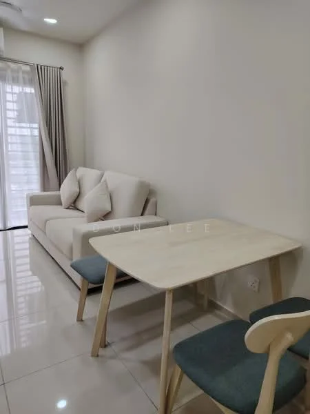 Living features: 3-seater fabric sofa in light beige, square dining table in light wood, 2 dining chairs with blue upholstery, 1 dining chair with light wood frame, white painted walls, glossy tile flooring, floor-to-ceiling windows with sheer curtains, ceiling fan; style: modern.