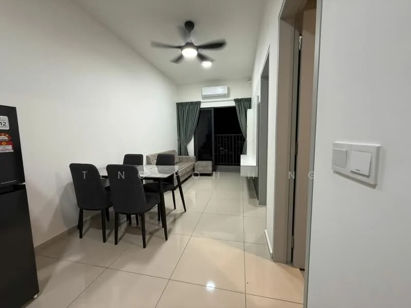 Dining features: 4-seater dining table, upholstered dining chairs, grey fabric sofa, ceiling fan, wall-mounted air conditioning unit, floor-to-ceiling windows, sliding glass door, white painted walls, glossy tile flooring, curtains, light switch, neutral decor; style: modern.