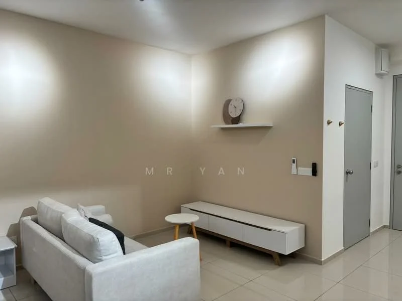 Living features: white fabric sofa, small round coffee table, light-colored wall, light-colored tiled flooring, wall-mounted clock, shelf mounted on wall, door leading to another room, wall-mounted intercom, two coat hooks; style: modern.