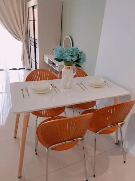 Dining features: white dining table, 4 orange plastic dining chairs, cutlery set on the table, vase with blue flowers, light-colored wall, large window with sheer curtains, glossy tile flooring; style: modern.