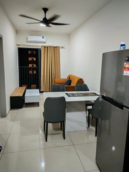 Living features: 5-blade ceiling fan with light, wall-mounted split AC, grey tiled flooring, white painted walls, sofa in orange fabric, dining table with marble top, 4 dining chairs in grey, refrigerator in stainless steel, curtains in beige, balcony door, wooden bench, decorative wall art; style: modern.