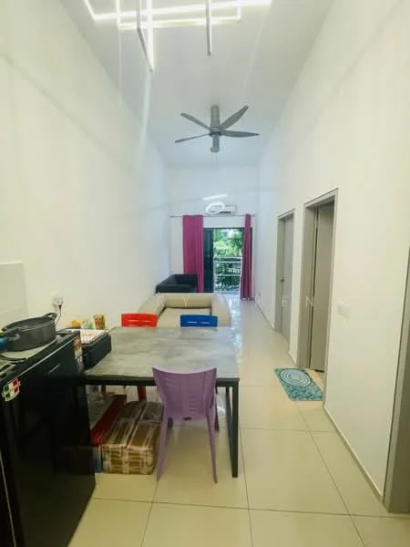 Living features: white painted walls, tiled flooring, 5-blade ceiling fan, sofa in light grey, dining table with black legs, purple plastic chair, sliding glass door, curtains in pink, area rug with circular pattern, decorative wall art; style: modern; view: garden.