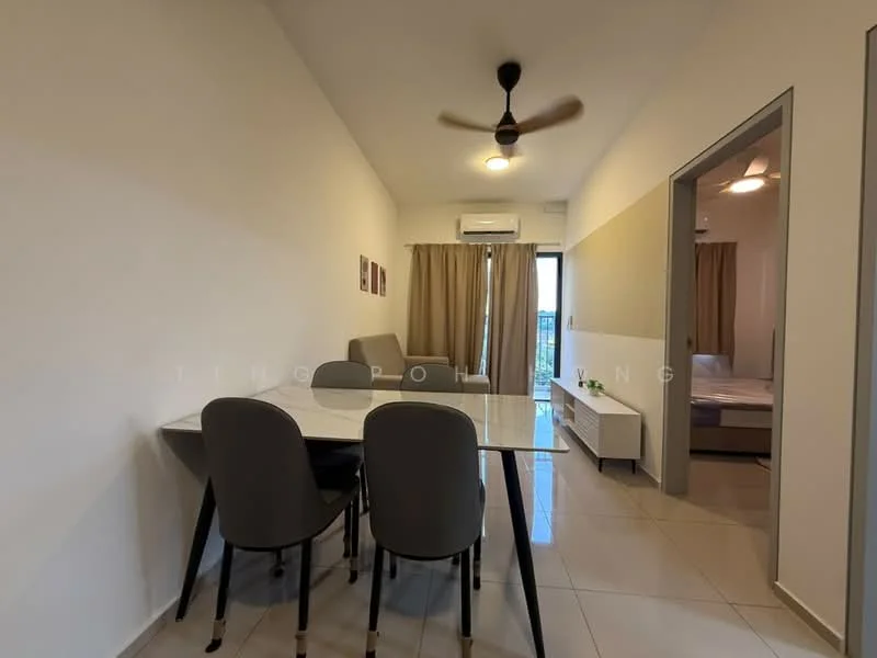Dining features: 4-seater dining table, grey upholstered dining chairs, ceiling fan with light, wall-mounted air conditioning unit, white walls, tile flooring, curtains, sliding glass door leading to balcony; style: modern. Living features: sofa, coffee table, wall-mounted TV, light-colored walls, curtains, tile flooring; style: modern.