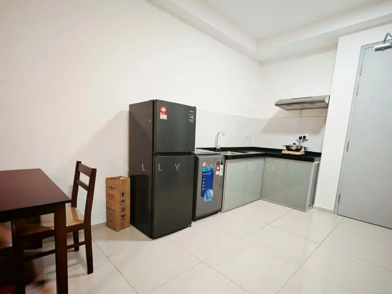 Kitchen features: black countertop, grey cabinetry, stainless-steel sink, chrome pull-down faucet, built-in stove with exhaust hood, stainless-steel refrigerator, wooden dining table, wooden chair, white painted walls, ceramic tile flooring; style: modern.