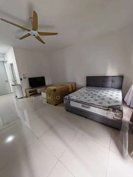 Bedroom features: king-size bed, upholstered headboard, 3-blade ceiling fan, wall-mounted TV, TV console, side table, large window with sheer curtains, white painted walls, glossy tile flooring; style: modern.