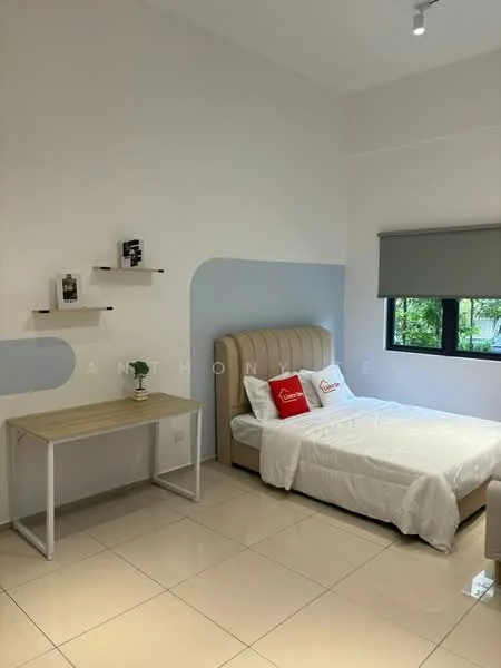 Bedroom features: queen-size bed with upholstered headboard, white bedding, two decorative pillows, light grey accent wall, white painted walls, large window with roller blinds, wooden desk with white legs, shelves on the wall, tile flooring, recessed downlights; style: modern; view: garden.