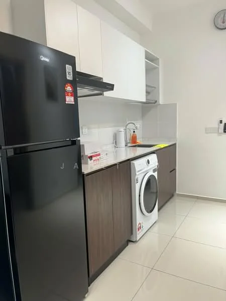 Kitchen features: black refrigerator, white washing machine, stainless-steel sink, chrome pull-down faucet, white upper cabinets, brown lower cabinets, white tiled backsplash, ceramic tile flooring, built-in oven, extractor hood, countertop space, wall-mounted clock; style: modern.