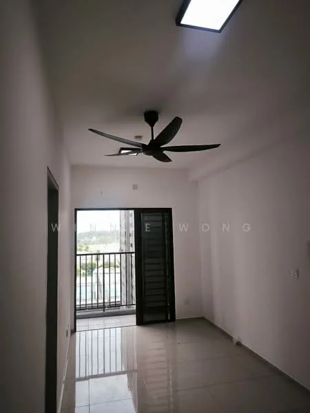 Room features: white painted walls, glossy tile flooring, 5-blade ceiling fan in black, floor-to-ceiling windows, sliding glass door, balcony access, natural light from windows, view of city skyline; style: modern; view: city.