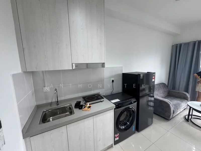 Kitchen features: light grey cabinetry, stainless-steel sink, chrome pull-down faucet, ceramic tile backsplash, electric cooktop, built-in oven, black refrigerator, front-load washing machine, grey laminate countertop, white walls, recessed downlights, floor-to-ceiling window treatments, polished tile flooring; style: modern.