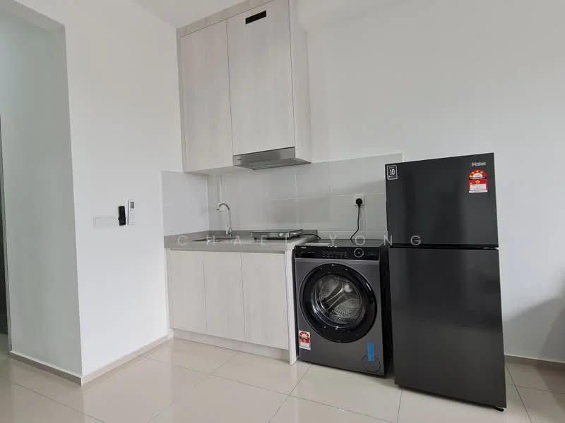 Laundry features: white cabinetry, stainless-steel sink, built-in kitchen cabinet, black front-load washing machine, black refrigerator, white tiled backsplash, light-colored tile flooring, wall-mounted extractor hood; style: modern.
