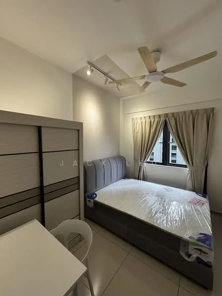 Bedroom features: queen-size bed with mattress protector, upholstered headboard, 5-blade ceiling fan with light, floor-to-ceiling window, curtains, built-in wardrobe with sliding doors, white painted walls, tile flooring, study desk, plastic chair; style: modern; view: city.