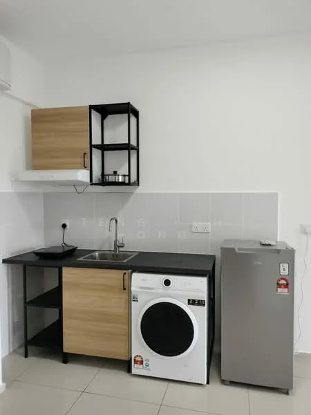 Kitchen features: black countertop, wood cabinetry, stainless-steel sink, chrome faucet, built-in kitchen hood, front-load washing machine, stainless-steel fridge, open shelving, tile backsplash, ceramic tile flooring, wall-mounted electrical outlets, under-cabinet lighting; style: modern.